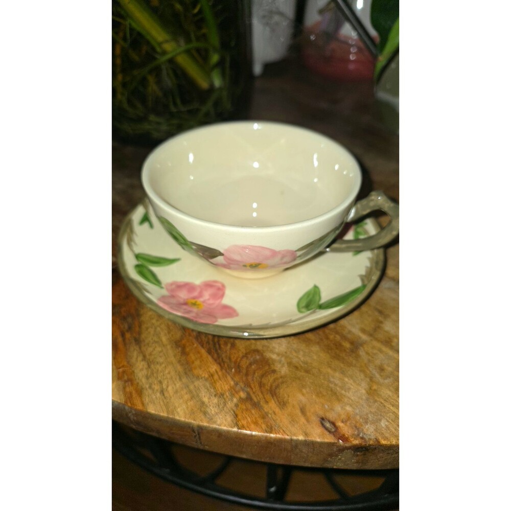 Made in England Floral Ceramic Cup & Saucer Set w/ Handle, Printed Backstamp